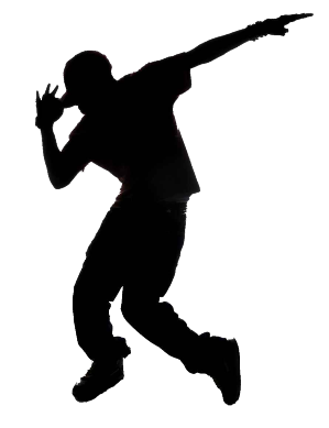 Silhouette d'un danseur en mouvement, posant avec une main levée.